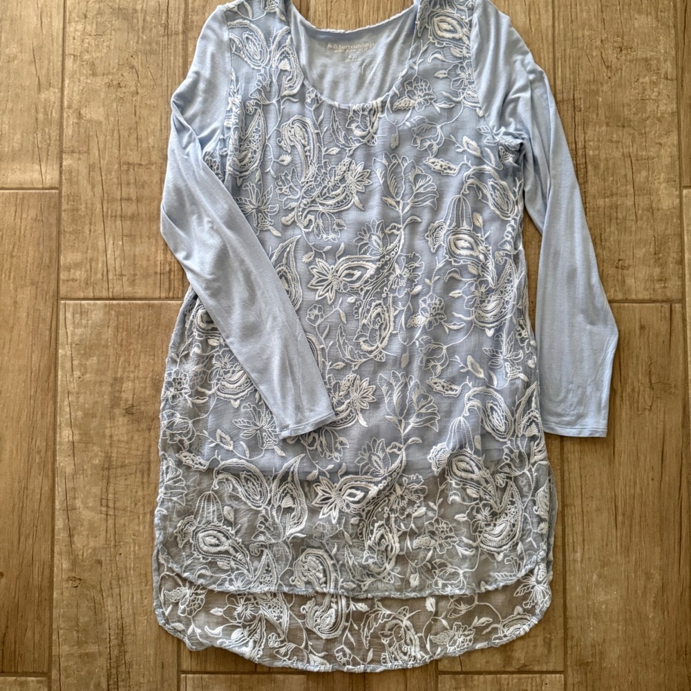 Soft Surroundings Light Blue Embroidered Floral Mesh Front Long Sleeve Top Small